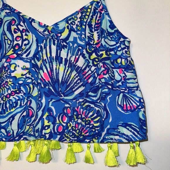 Lilly Pulitzer Ramona Crop Tassel Top Blue Ceviche Pattern Women’s Size 0 EUC - Picture 2 of 9